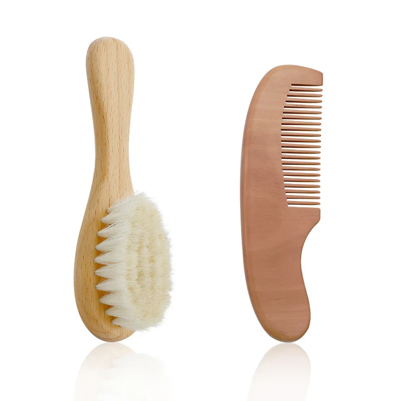 2pcs Baby Hair Brush and Comb Set Newborn Wood Comb Hair Bath Shower Soft Mini Wool Baby Care Brush Infant Head Massager Comb