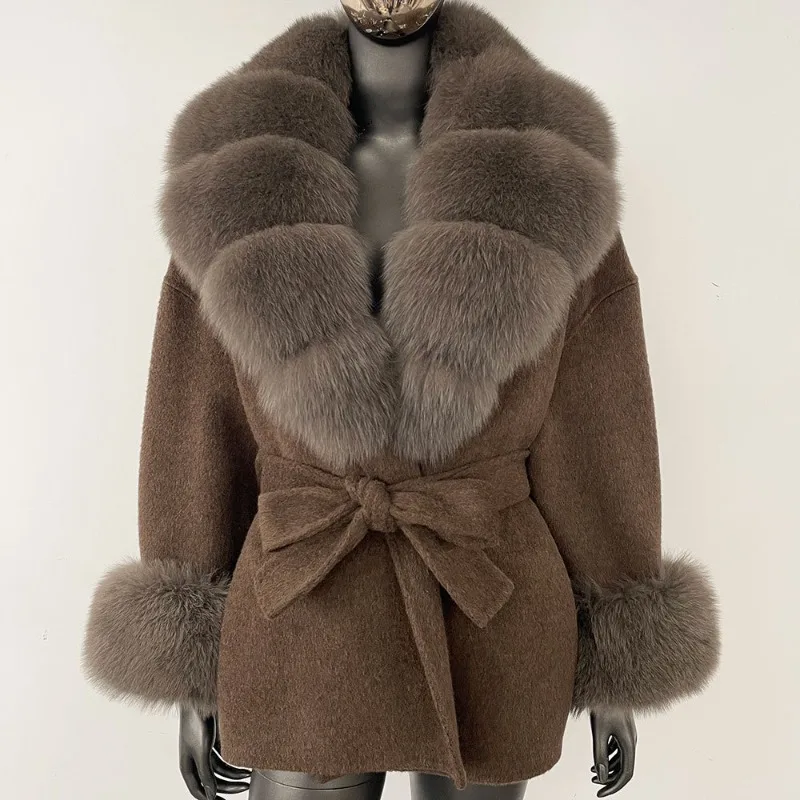 Luxury Women Double Faced Wool Coat Mid Length Loose Oversized Jacket Big Natural Fox Fur Collar Elegant Woolen Overcoat