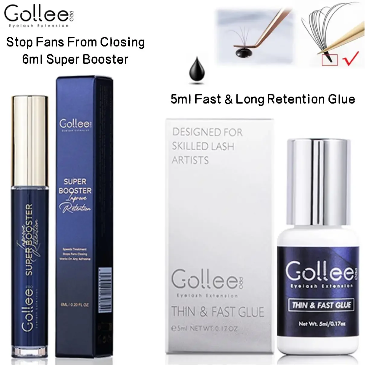 Gollee Thin&Fast Lash Extension Glue 1S Dry Eyelash Stick 6ml Super Booster Help Accelerator OIl Dust Deep Clean Lash Primer Set