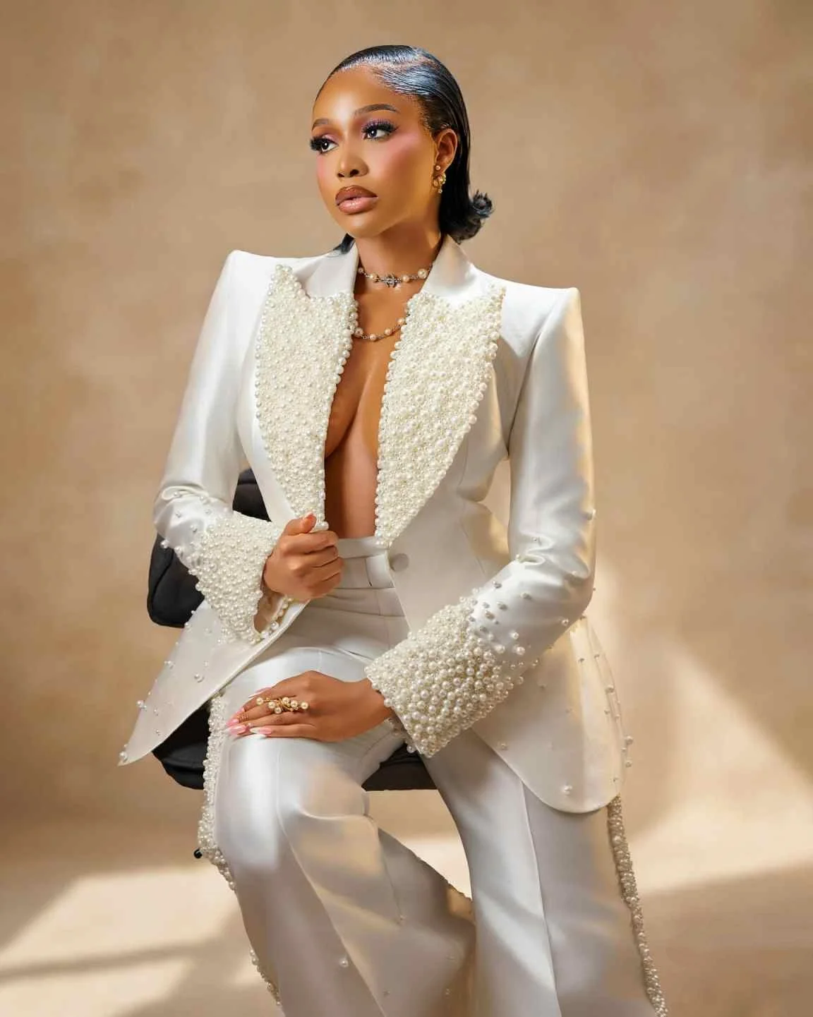 Luxurious Pearls Women's Suits One Button Long Sleeve Jacket Sets 2 Pieces Birthday Party Customized Outfits