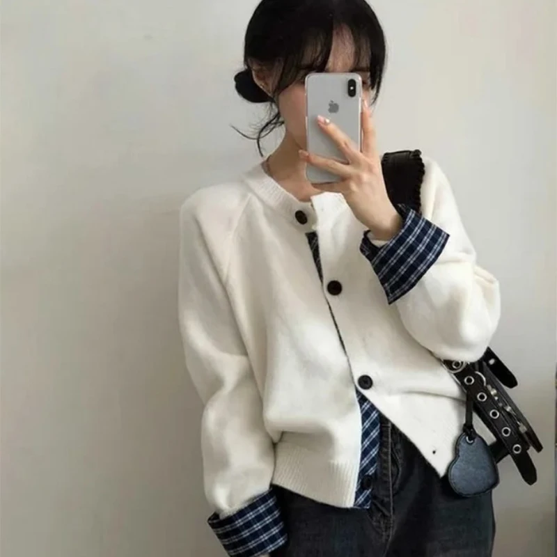 Color Blocking Grid Splicing Design, Long Sleeved Knitted Cardigan,  Autumn Round Neck Single Breasted Jacket Top