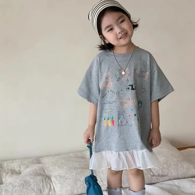 2024 Summer New Girls Short Sleeve Casual Dress Cute Flower Print Children Long T Shirts Loose Kids Princess Dress Girls Clothes