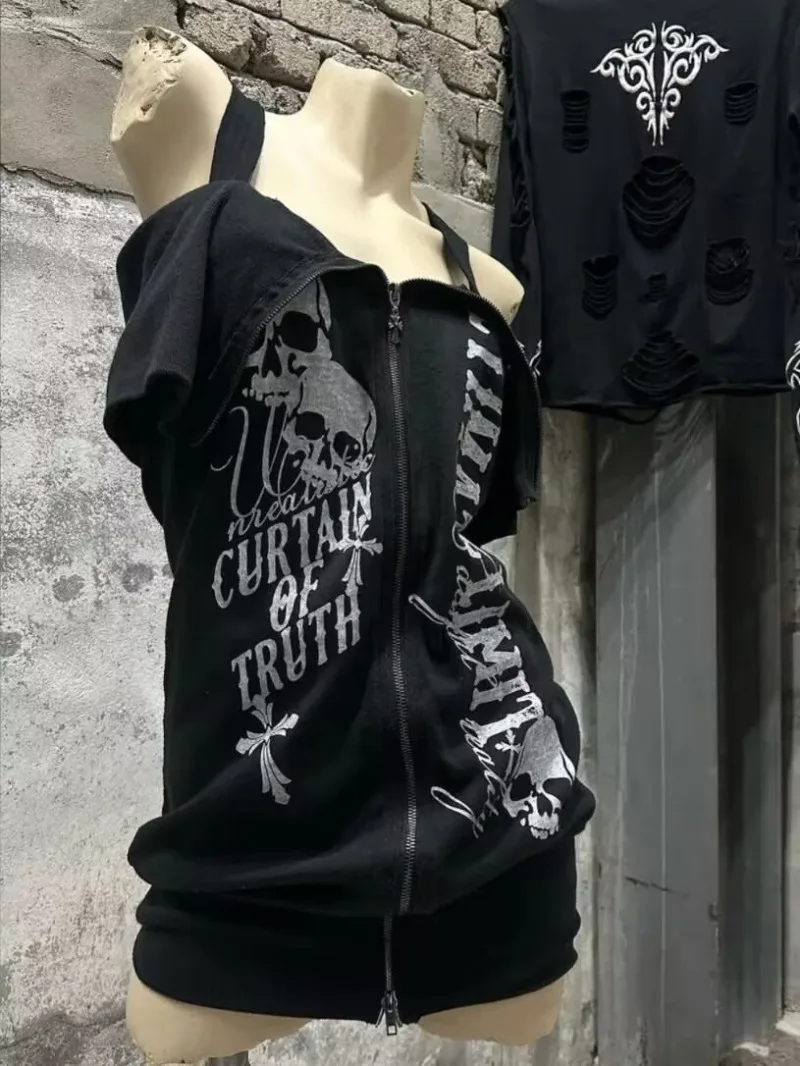 

harajuku American Retro Black Slash Neck Short Sleeved Shirts for Women Summer New Vintage Clothes Gothic Punk Tops