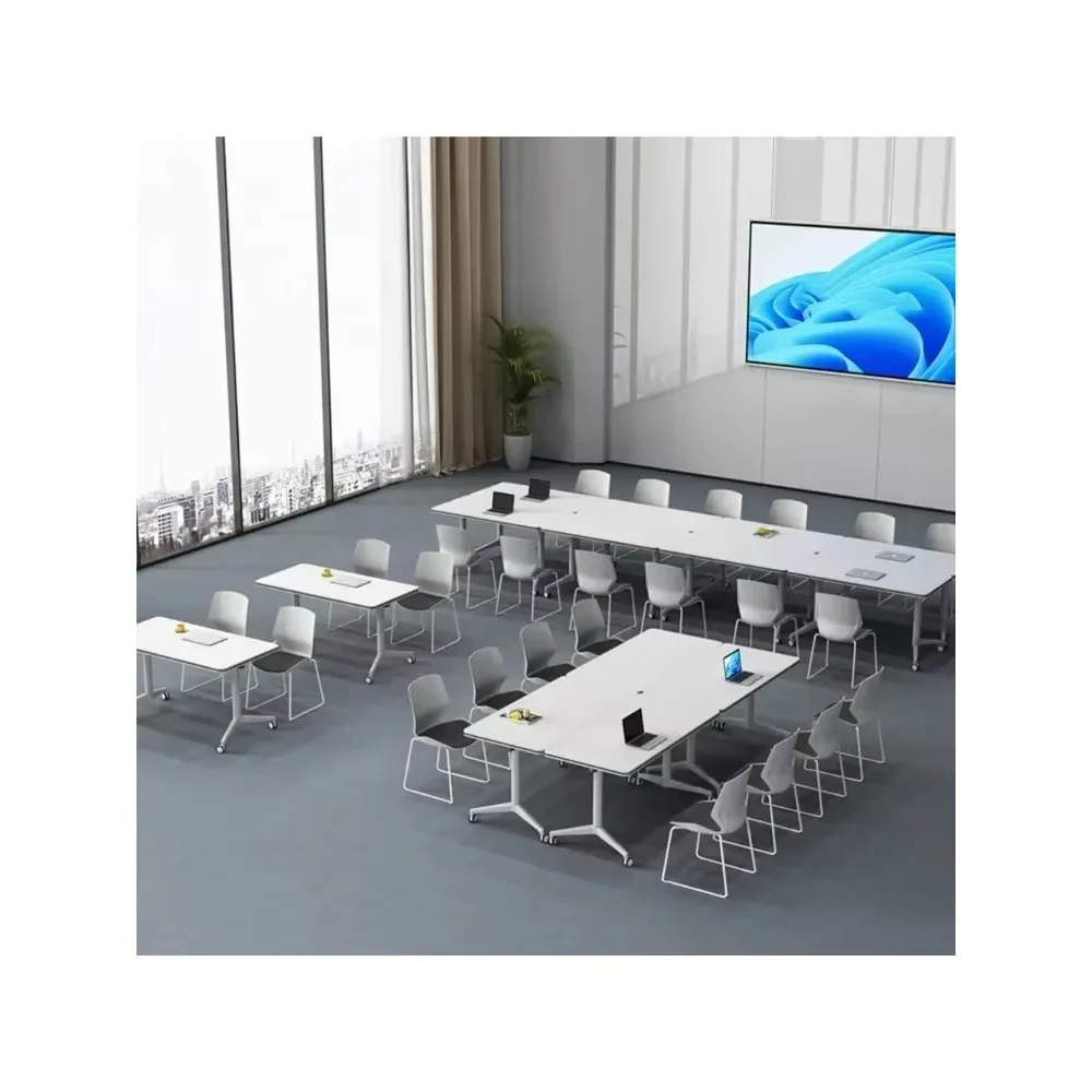 White Office Folding Clamshell Training Table The round table with wheels is convenient and quick for offices, classrooms