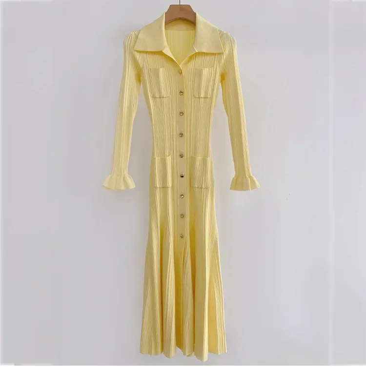 

Elegant Cream Yellow Knitted Dressr 2024 Women Slim Long Sleeved Luxury Dresses 5240072
