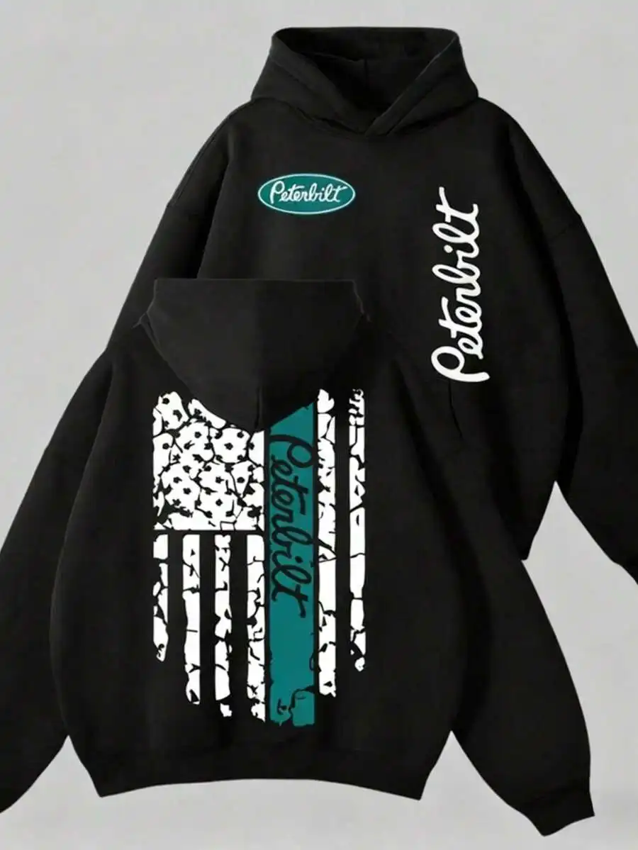 Peterbilt American Flag Hoodie - Reversible Distressed Flag Pattern, Blue Striped Half-Truck Hoodie, Truck Driver Lifestyle Hoodie, V-William Clothing