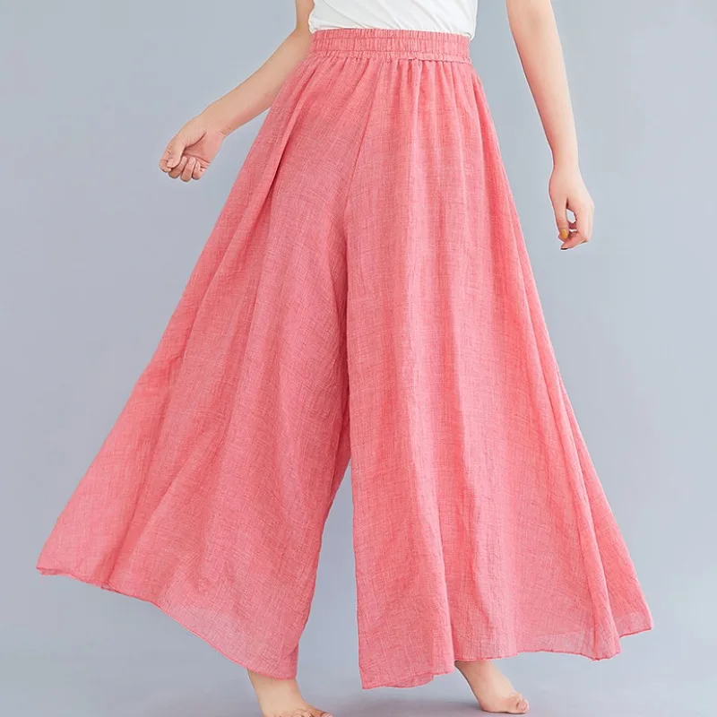Casual Cotton Linen Wide Leg Pants Women's Loose Elastic Waist Asymmetrical Pure Color Skirt Pants Artistic Commute Style