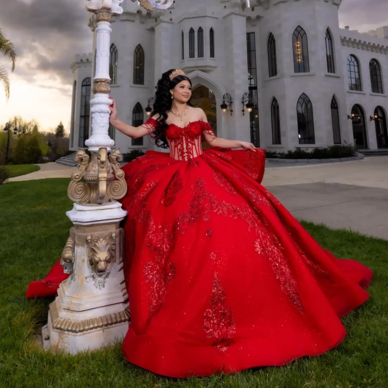 

Shiny Red Quinceanera Dresses Off the Shoulder Sequin Decal Crystal Layering Long tail Bow Vestido De 15 Quinceanera Customize