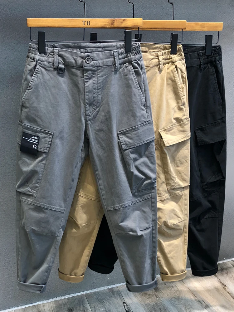 

Spring Autumn Pure Cotton Work Trousers Men's Casual Loose Faion Nine Points Pants for Working Youth Active Sle Khaki Color