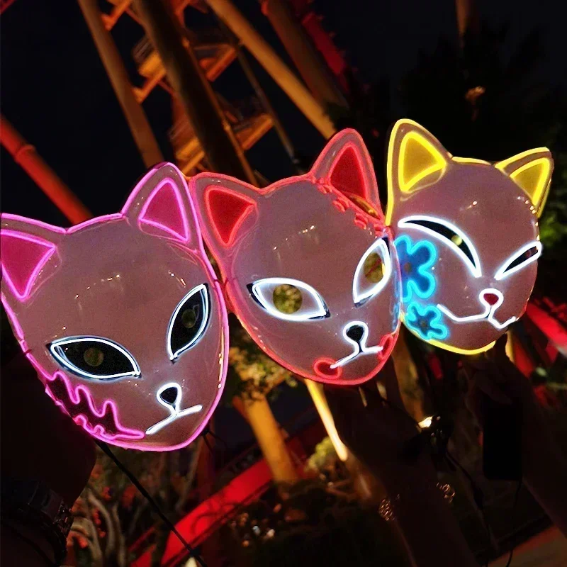 

Japanese Cartoon Neon Light Warrior Glow Mask 2024New Role Playing Mask LED Fox Mask Halloween Christmas Glow Devil Killer Mask
