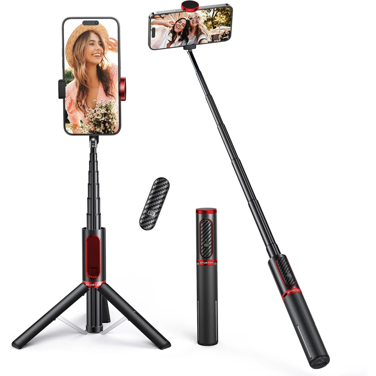 3-In-1 Selfie Stick Tripod Extendable Aluminum Phone Tripod With Detachable Bluetooth Remote For iPhone Samsung Smartphones Red