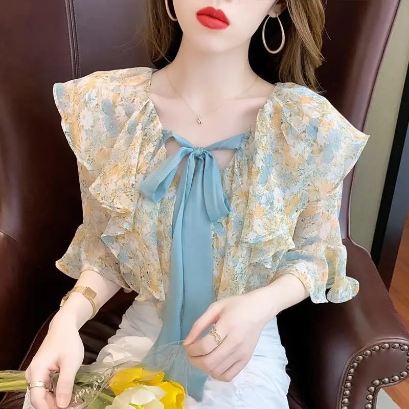 Chiffon with Bow Women\'s Shirts and Blouses Floral Top for Woman Ruffle Frill V Neck Clothing Youthful New Collection 2024 Trend