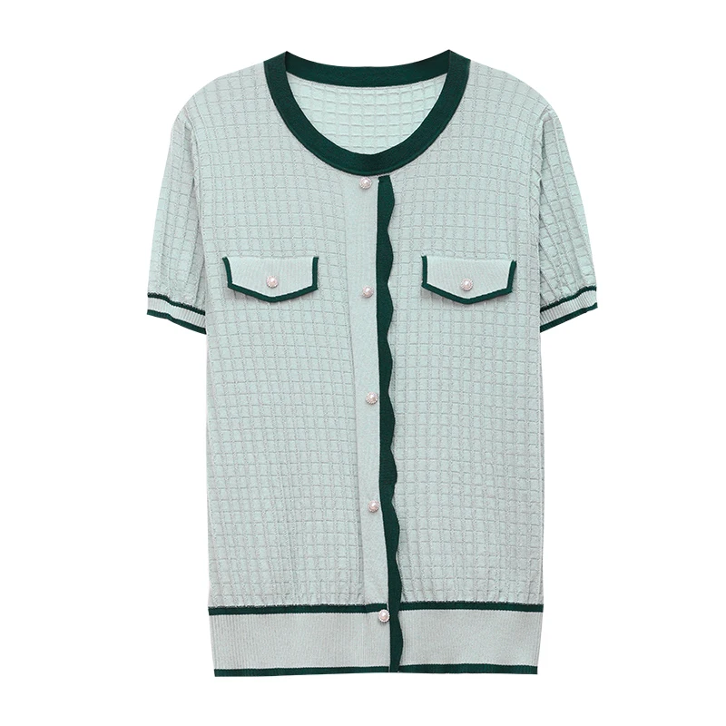 เสื้อสเวตเตอร์ถักผู้หญิง แขนสั้น แบบใหม่ เสื้อไหมพรมคอโอ แต่งลายปะติด รุ่น Q2818