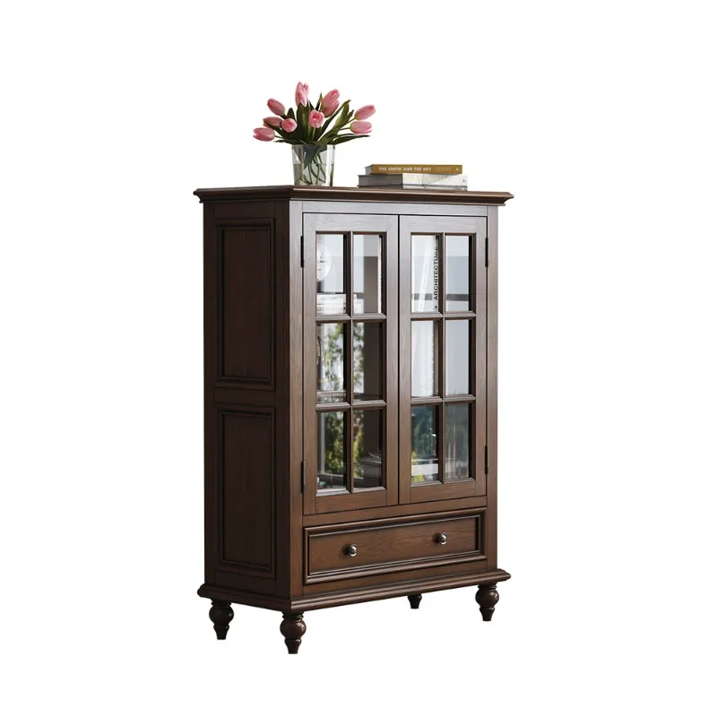 wood American rural retro ash wood wine cabinet with double glass door storage cabinet  for Living room bedroom kitchen