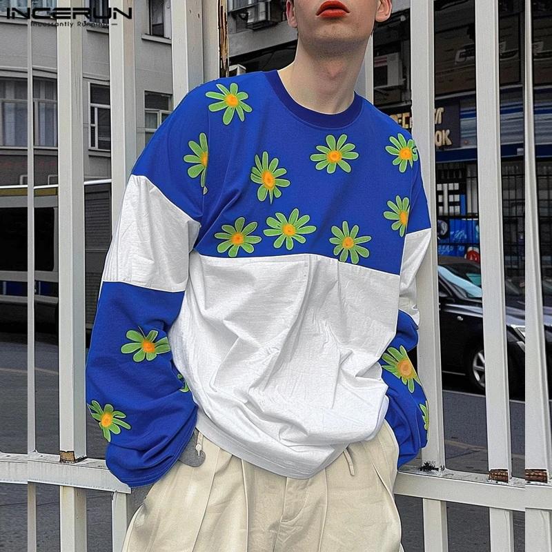 2024 INCERUN New Men's Casual Long Sleeve Tops Handsome Male Floral Printing T-shirts Colorblock Round Neck Loose Commuting Tees