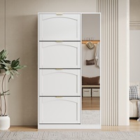 Modern Shoe Cabinet with Mirror, 4 Folding Storage Compartments Adjustable Shelf, for Home Hallway Living Room, White 147x80x24