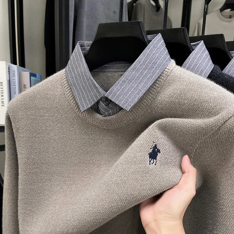 

Designer brand personality fake two piece knitted sweater men's luxury pony embroidery new fashion Paul striped lapel pullover