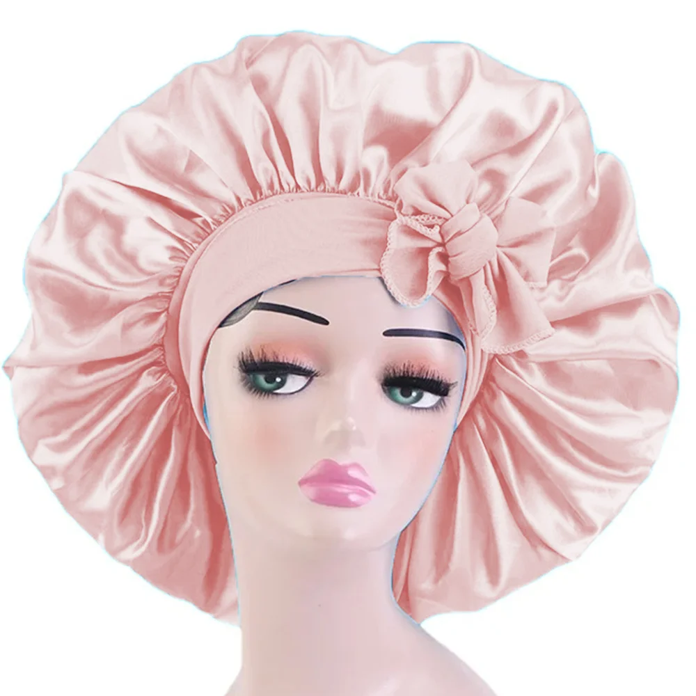Large Size Bow Decor Satin Hair Bonnet Ladies Wide Stretch Band Silk Sleeping Cap Curly Hair Anti-Frizz Wrap Hat