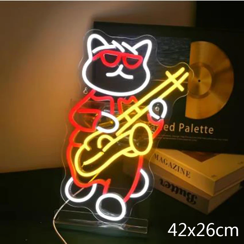 DJ Cat Neon Led Sign Creative Wall Light Up Sign Cool Room Decoration For Bedroom Music Bar Club Dance Party Dimmable USB Lamp