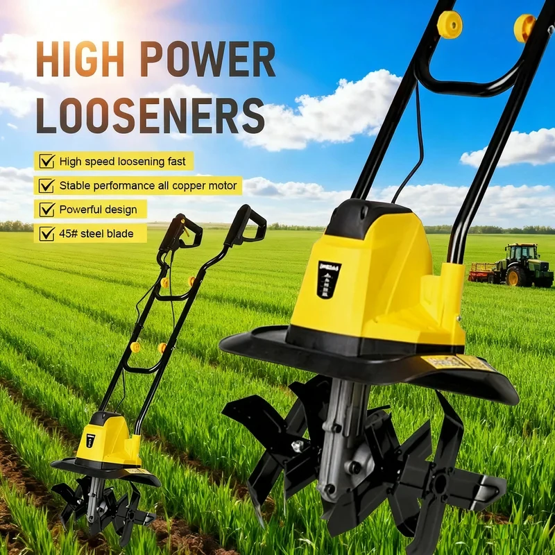 Rotary Tiller Poweul Cultior High-Speed Soil Loosening Garden, with 4 Steel Bl & All-Copper Motor
