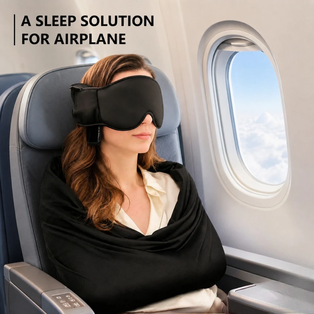 3 IN 1 Airplane Sleep Support Set Travel Ergonomic Memory Foam Neck Support with Blanket Like Body Sling & Adjustable Sleep Mask