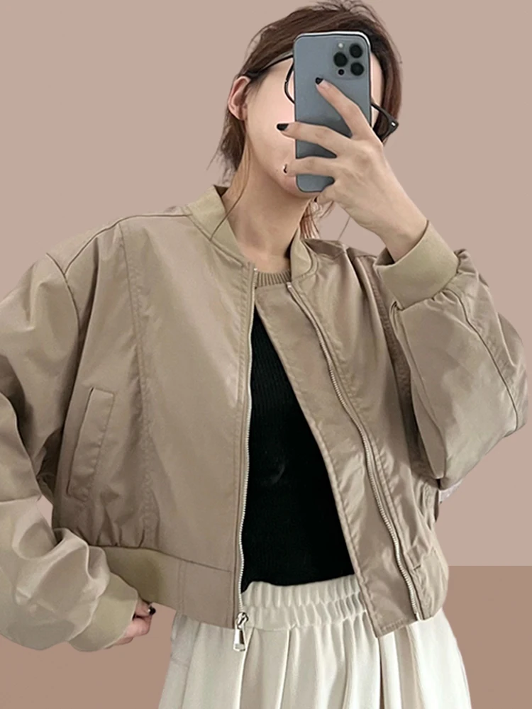 

2024 Spring Autumn New Women Short Baseball Uniform Coat Female Solid Color Casual Jackets Ladies Long Sleeve Outerwear Q18