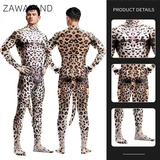 Zawaland Cheetah Cosplay Kostuum Met Staart Halloween Kruis Rits Jumpsuits Man Vrouw Luipaard Catsuit Dier Zentai Bodysuits