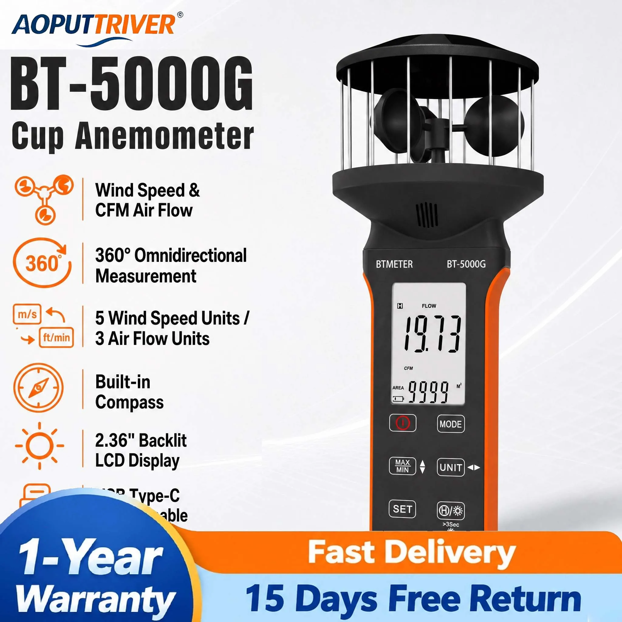 Handheld Digital Anemometer Type-C Rechargeable Wind Speed Meter Air Flow Volume Tester Thermometer for HVAC Industrial Home Use