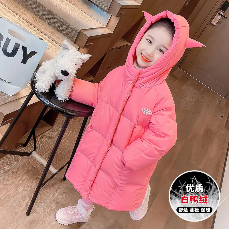 

Girl's Cartoon Anime Down Jacket Winter 2025 New Mid To Long Fashion Children's Kawaii Thick Warm Hooded Coat Sweet Comfort Tops