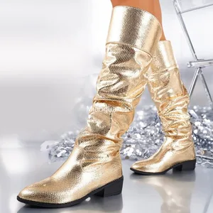 Lange Fingerstiefel für Frauen, High Heels, Slip-on, Plissee, PU-Leder, sexy, Plus Size 42, Gold, Designer, Luxus, Kniegröße 8 Hauptverkäufe goldene Lederschuhe - №6