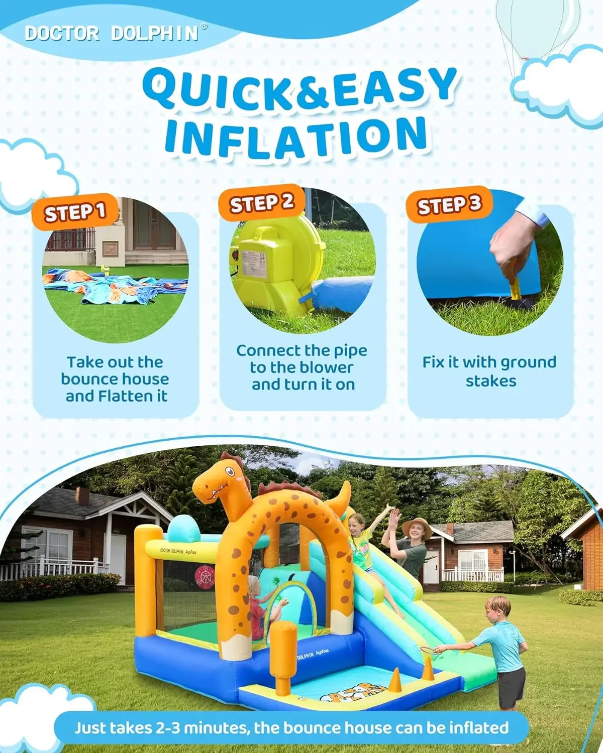 Dolphin Bounce House Slide Dinosaur Inflatable Bouncy Castle Jumping Castle with Tunnels Ball Pit for Toddlers Kids 3-8 Y