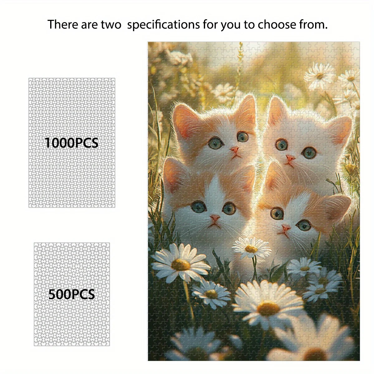 One colorful wooden puzzle experience, 500/1000pcs cute cat-themed jigsaw puzzle with adorable kittens amidst daisy fields, be