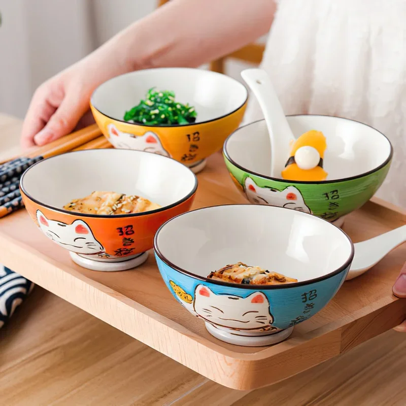 

Ceramic High Bowl Multi-Sized Colorful Lucky Cat Soup Bowl Salad Bowl Underglaze Kitchen Household Tableware Children's Couple