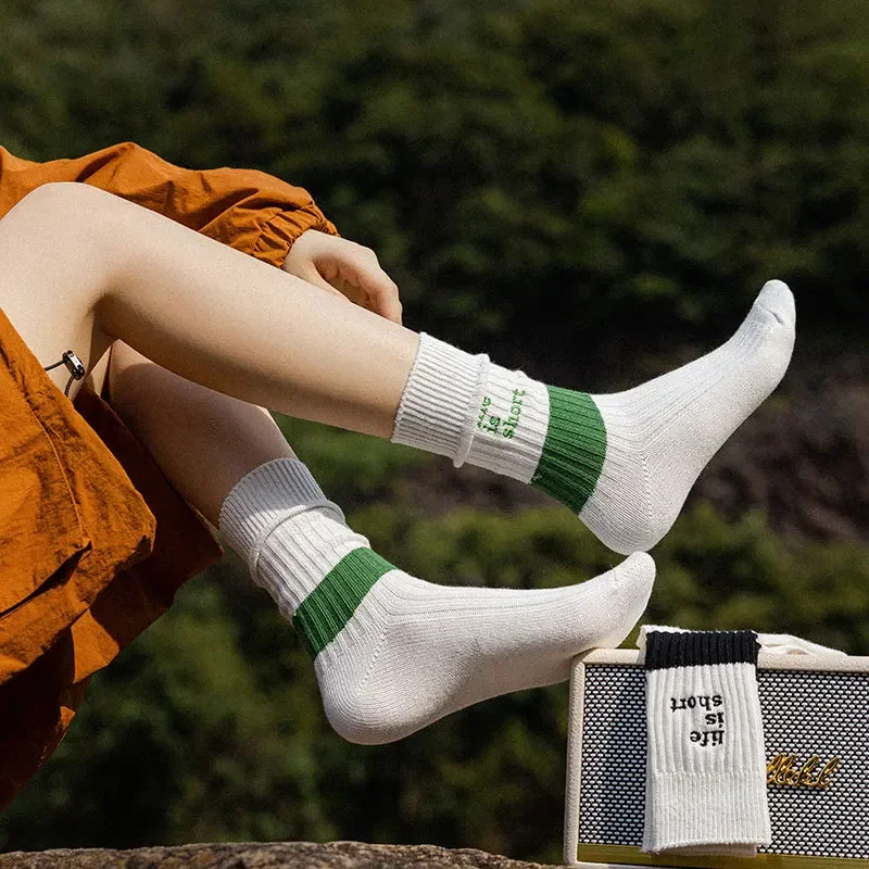 

Women'S Stockings Color Match Embroidery Cotton Socks Ventilate Couple White Stockings Uniform Size Unisex Sport Long Socks