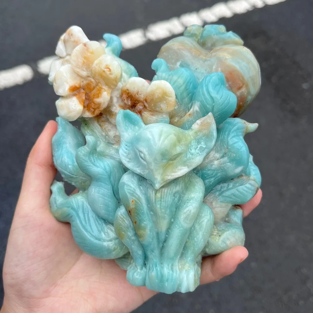 1PCS Natural Amazonite Quartz Nine-Tailed Fox Carving Crystal Fengshui Love Healing Stone Home Decor Gift