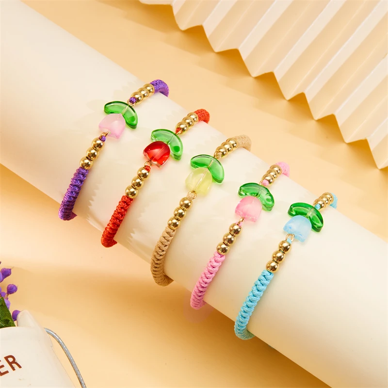 Light Luxury Purple Tulip Bracelet For Women Korean Resin Flower Beaded Adjustable Charm Bracelet Handmade Friendship Jewelry