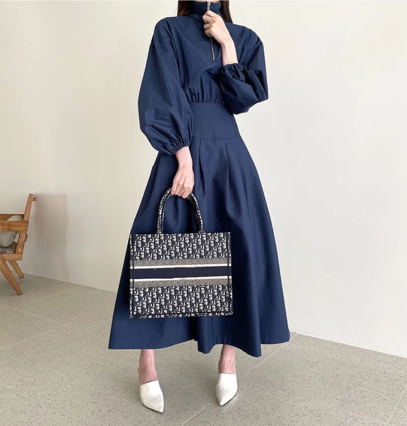 2024 New Chic French Spring Lantern Sleeve Ball Gown Long Dress Elegant Women Zipper Stand Collar High Elastic Waist Maxi Dress