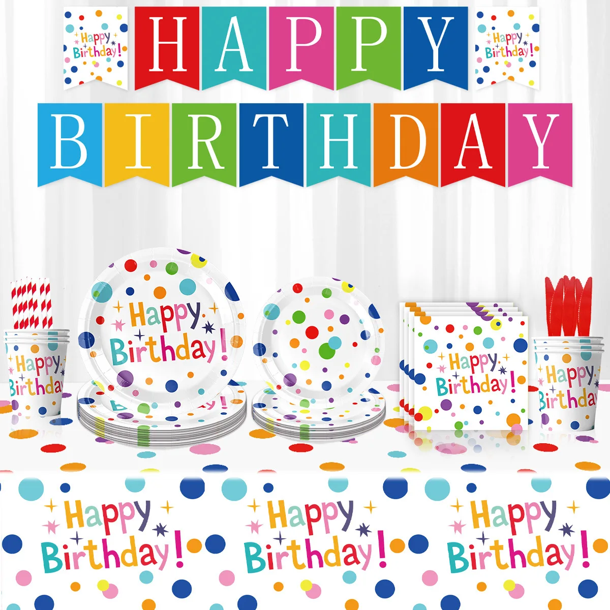 20 stücke Bunte Polka Dot Geburtstag Mottoparty Papier Tablett Pappbecher Tissue Flagge Set Dekoration Lieferungen Geburtstag Dekoration