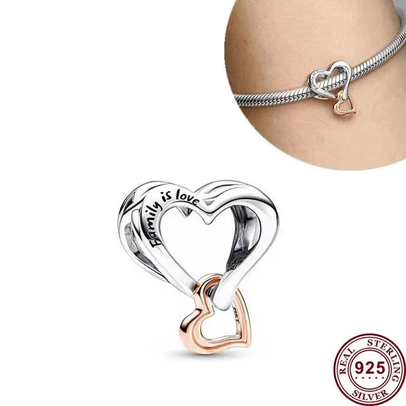 New Hot 925 Silver Shining Heart To Heart Connection Original Women's Padlock Logo Charm Used For Bracelet Pendant DIY Jewelry