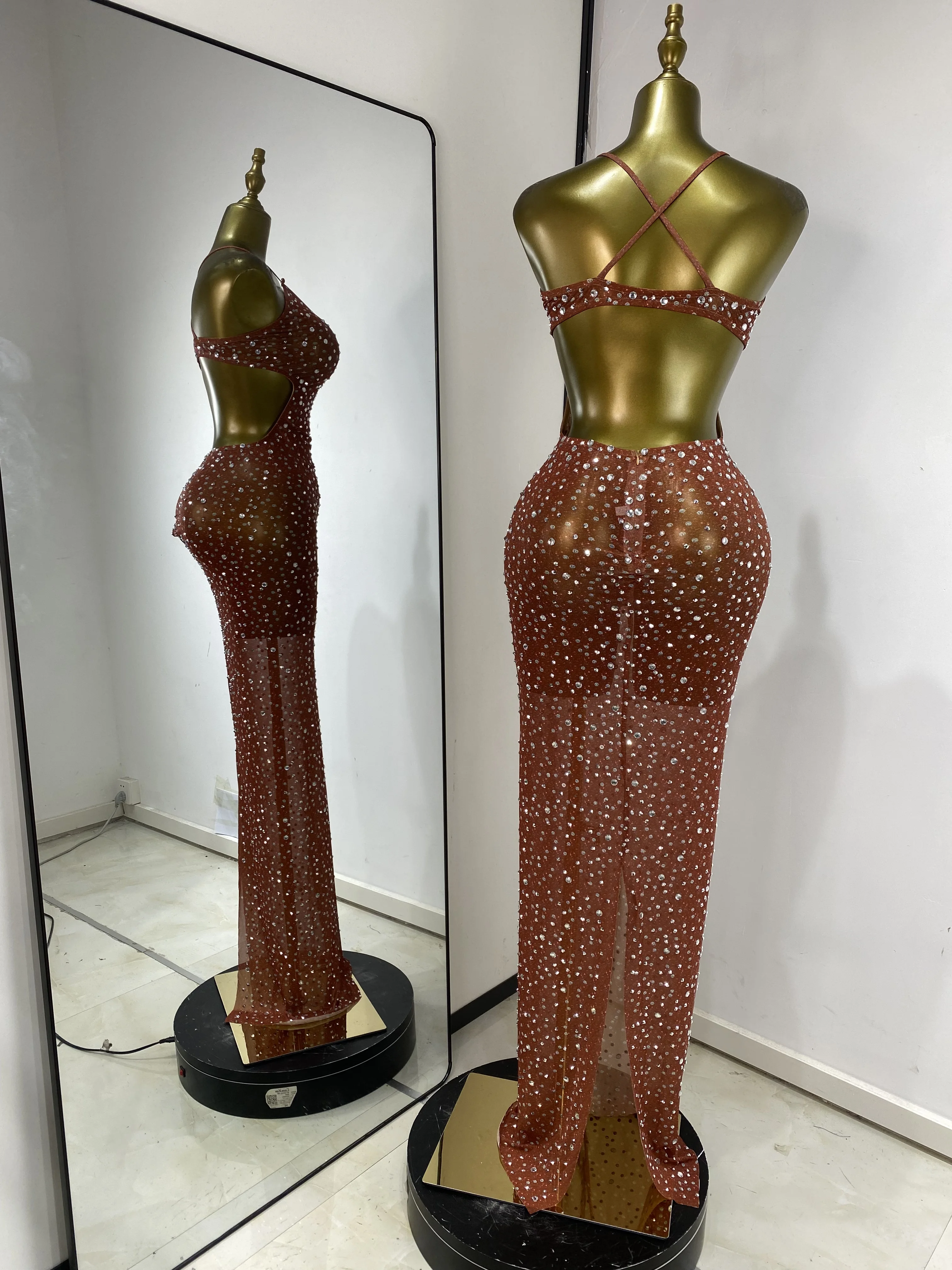 Women Luxury Brown Printed Rhinestones Cut Out See Through Maxi Long Dress Sexy Birthday Celebrity Evening Club Party Dresses