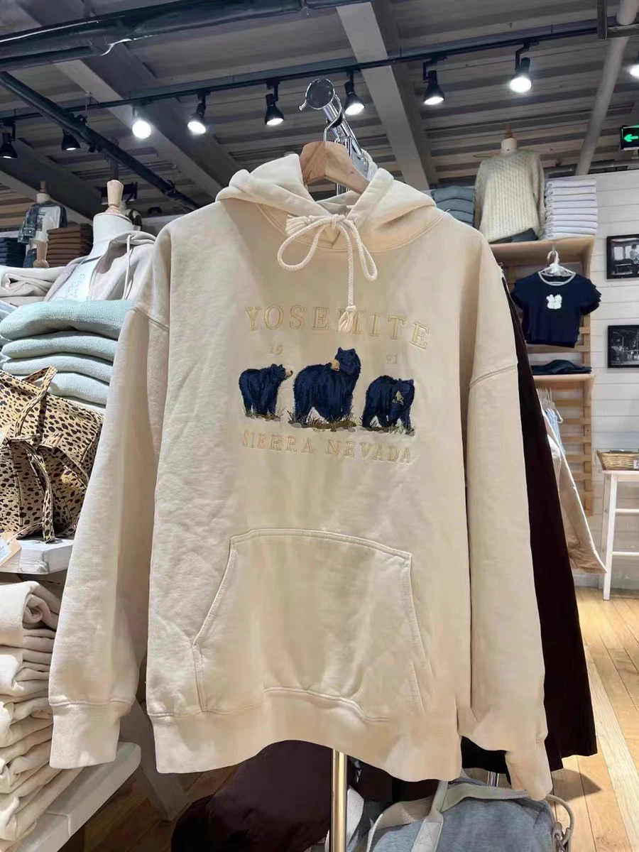 Three Bear Embroidery Hoodies Woman 2023 Spring Vintage Hooded Pockets Long Sleeve Pull Sweatshirt Female Cute Y2k Hoodie Chic