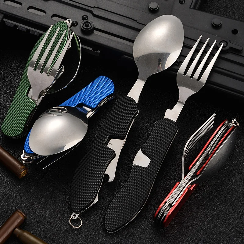 Portable multi tool cutlery multitool flatware utensil bottle can opener fold Spork fork tableware Picnic camp spoon knife