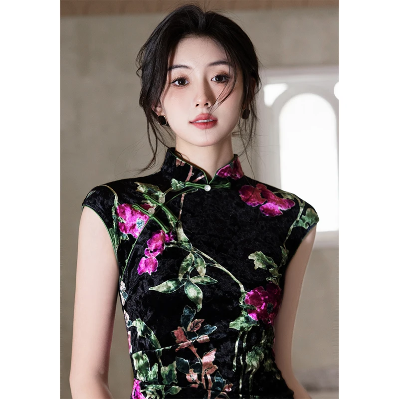 

Ele Chinese Sle Velvet Print Qipao Dr Daily Wear ort Sve Low Slit Long Qipao for Women Vintage Aosphere