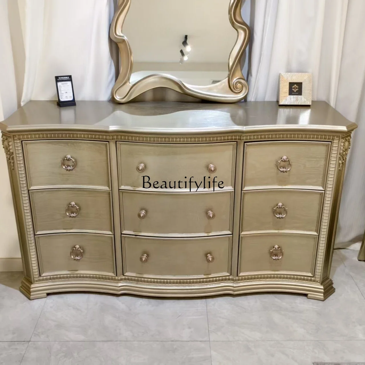 

09 American light solid wood chest, entrance cabinet, bedroom retro nine chest carving