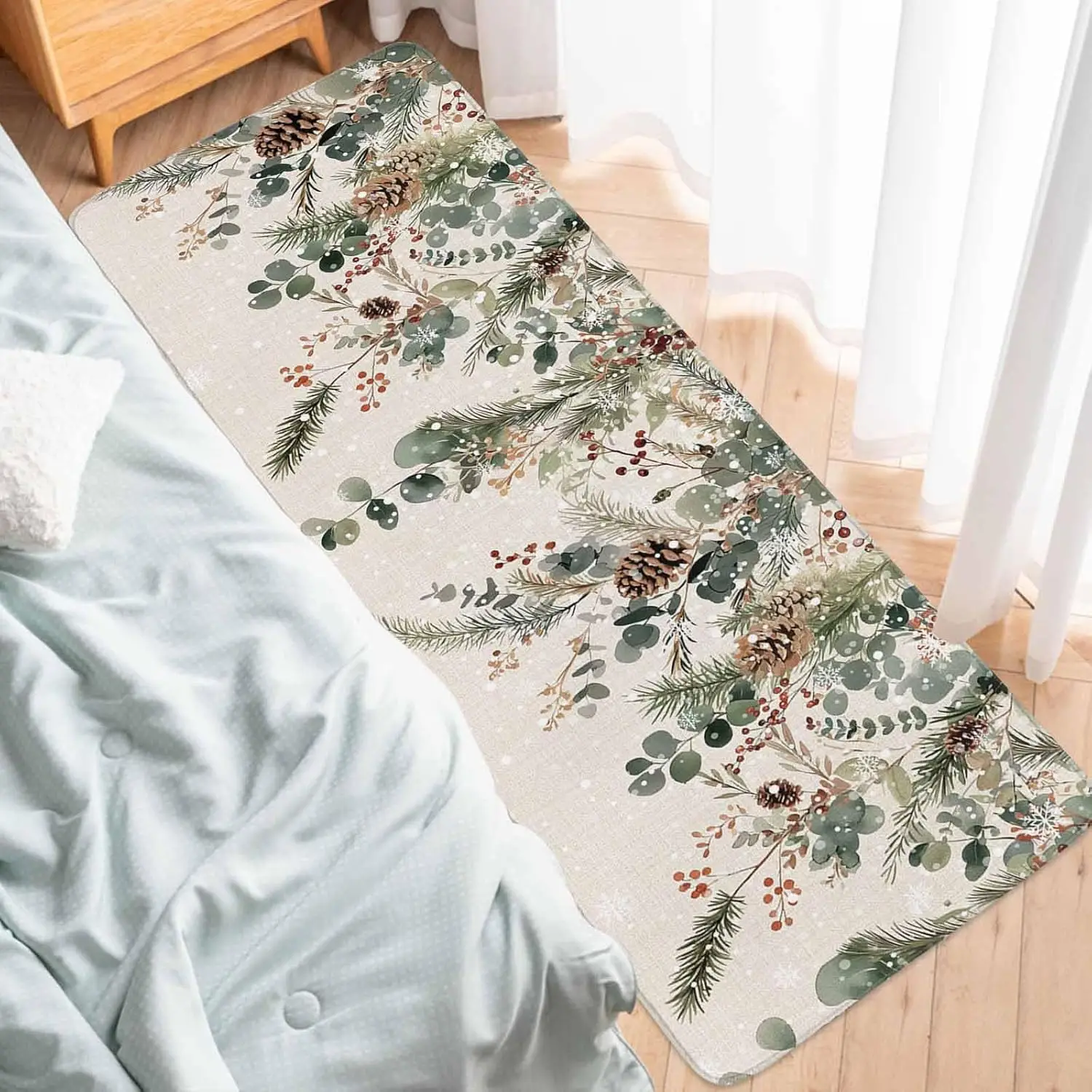 Christmas Tree Berry Eucalyptus Kitchen Mat Winter Snowflake Entrance Non-slip Door Mat Balcony Hallway Rug Christmas Decoration