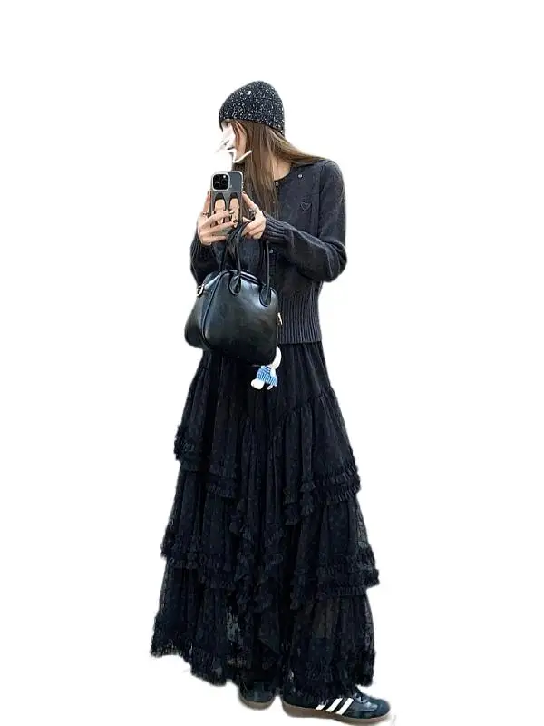 Spring Autumn Korean Version of Black Gentle Heavy Industry Lace Skirt Sweet Girl High Waist Versatile A-line Time Cake Skirts - Image 5