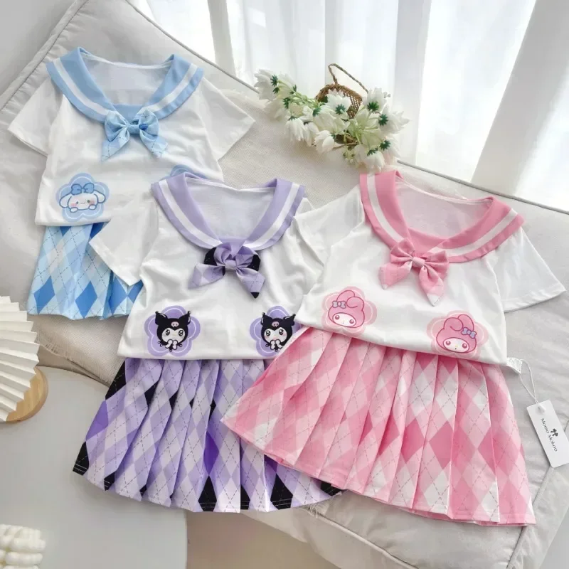 Anime Sanrio Cinnamoroll Kuromi perempuan Jk Set rok Kawaii seragam anak-anak My Melody gaun rok lipit hadiah ulang tahun