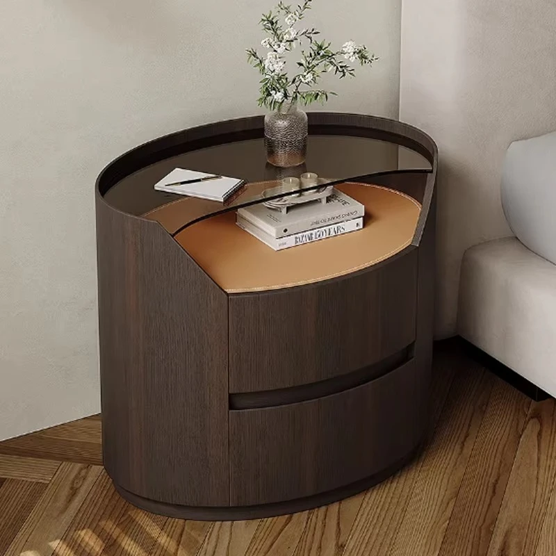 

Premium saddle leather smoked wood leather bedside table, designer bedroom oval, glass solid wood bedside table
