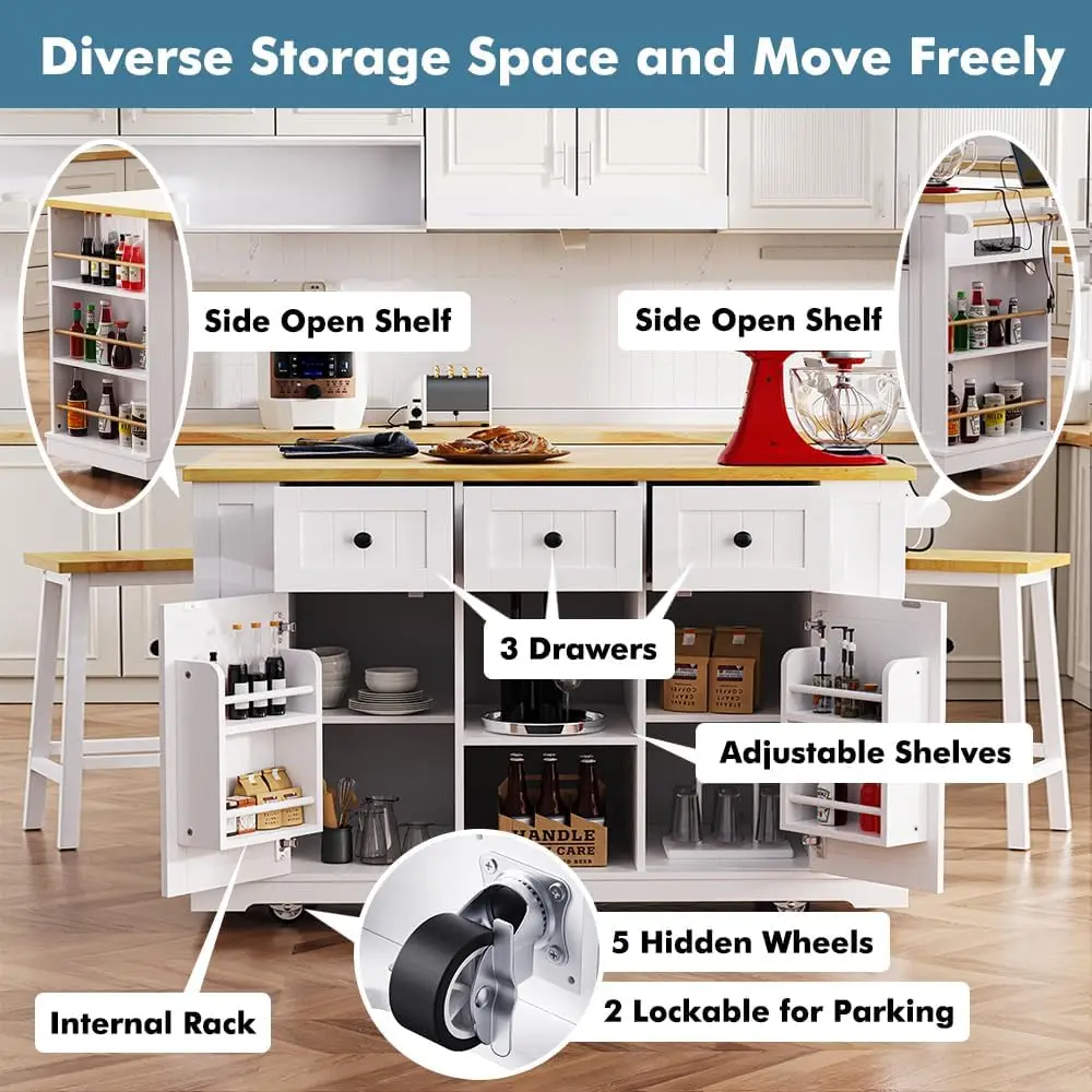 Rolling Kitchen Island with Storage, Kitchen Cart on Wheels with Drop Leaf, Mobile Kitchen Storage Cart with Power Outlet, Open