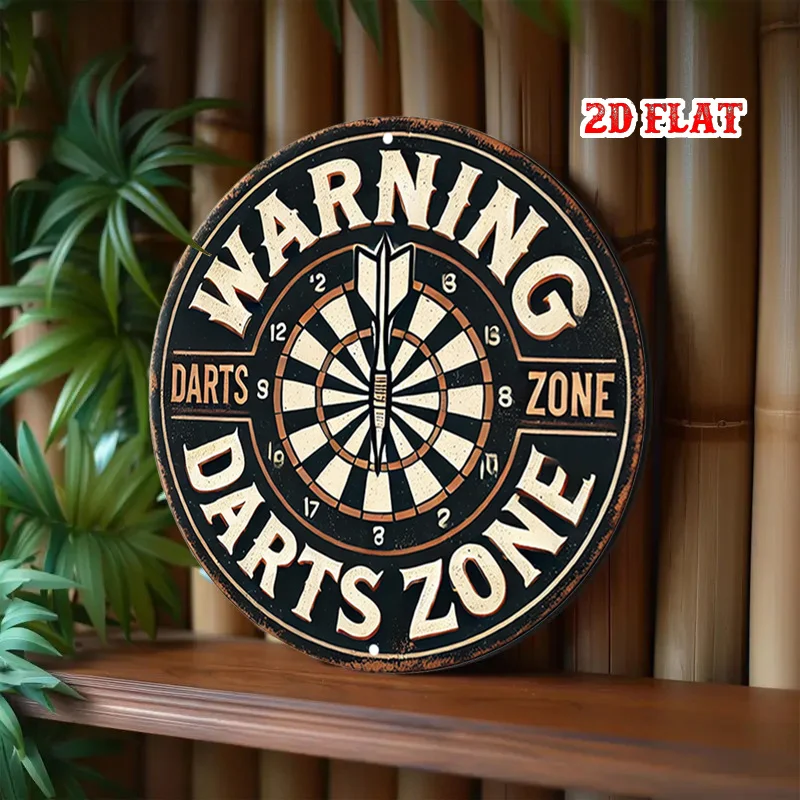 2D Flat 1pc Game Room Round Aluminum Sign, Darts Zone Round Wall Decor Warning Sign Rustic Metal Wall Art, Sports Equipment - view 5